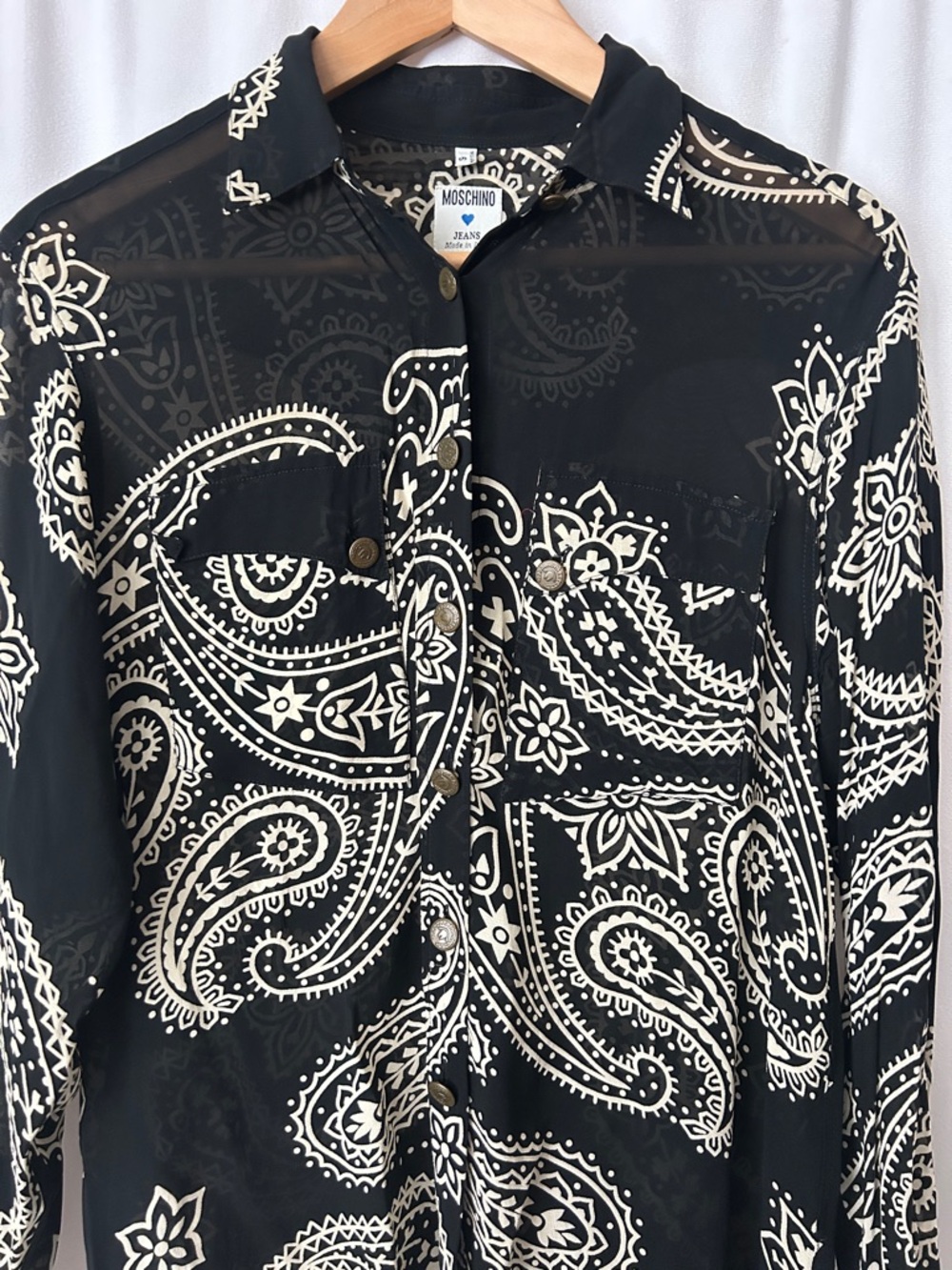 Moschino Black/Cream Paisley Button Front Long Sleeve Blouse Shirt Top *Size S* - Picture 3 of 6